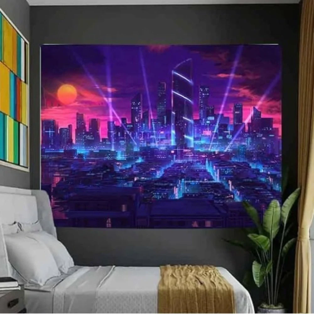 Aidatain Modern City Street View Tapestry - Blue and Purple Night City Japanese